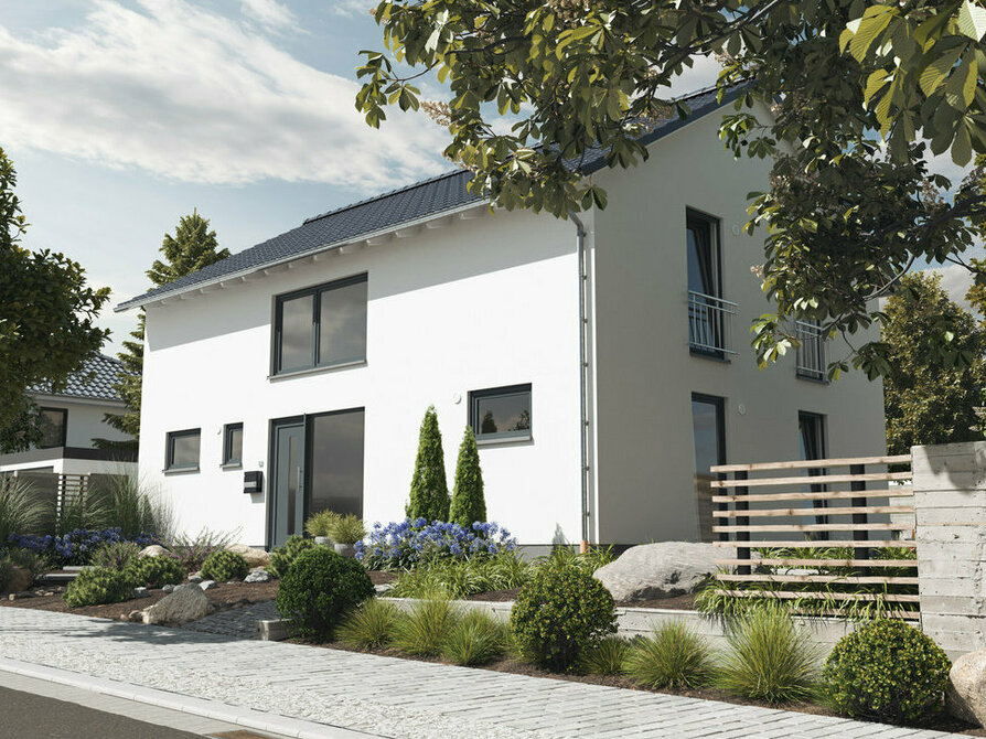 Das Landhaus 142 Modern Elegance bietet von der Straße aus betrachtet optionalen Carport, farbige Fassade, bodentiefe Fenster und Vorgarten für einladenden Charme.