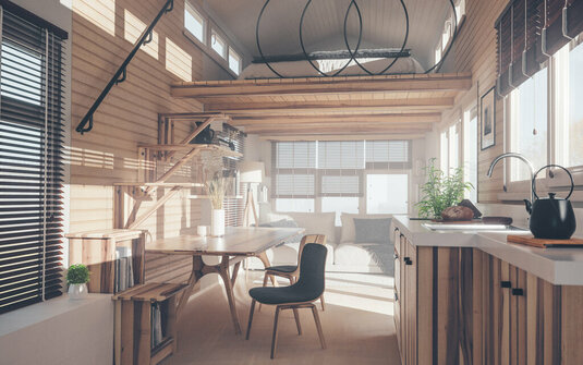 Tiny-House-bauen-30 Rustikales kleines Haus Innenarchitektur mit Küche, Wohnzimmer und Schlafzimmer im Zwischengeschoss in warmen Sonnenuntergang Licht.