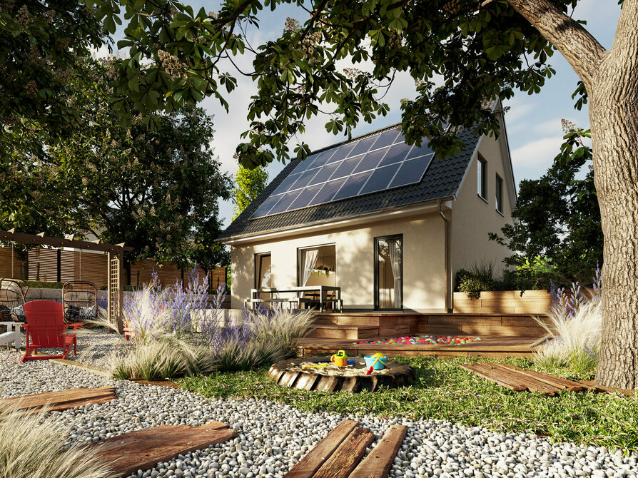 Das Einfamilienhaus Flair 110 als Variante Trend und Blick in den Garten mit PV-Anlage auf dem Dach