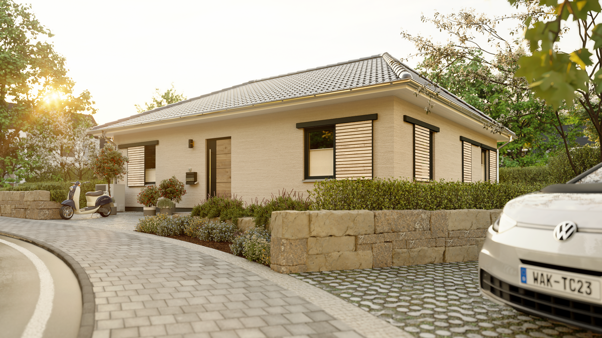 Bungalow 92 für Familien mit barrierefreiem Zugang Straßenansicht des Bungalow 92 mit barrierefreiem Eingangsbereich, ebenerdiger Bauweise und familienfreundlicher Architektur auf einer Ebene