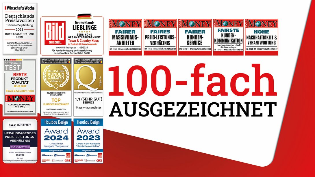 100-fach ausgezeichnet für Qualität im Hausbau Abbildung mehrerer Auszeichnungen und Qualitätssiegel von Town & Country Haus – zeigt die vielfach bestätigte Qualität und Sicherheit beim Hausbau