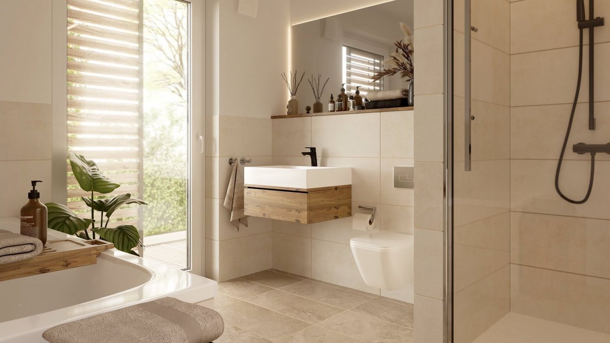 Moderne Dusche mit Regenbrause und Komfortdetails Großzügige Walk In Dusche mit Regenbrause, Glasabtrennung und integrierter Sitzfläche als stilvolles Mini Wellnesscenter