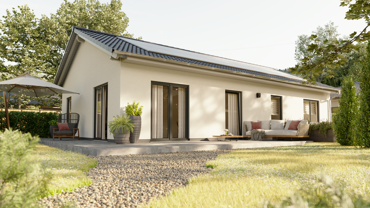Bungalow 100 mit Gartenblick in moderner Umgebung Bungalow 100 mit Blick vom Garten auf Terrasse und Rückseite, umgeben von gepflegtem Grün
