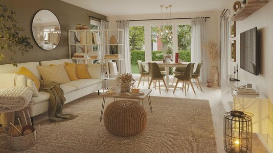 Wohnbereich im Bungalow 128 mit Gartenblick Offener Wohnbereich im Bungalow 128 mit gemütlichem Wohnzimmer, angrenzendem Essbereich und bodentiefen Fenstern mit Blick in den Garten